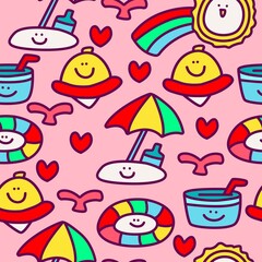 kawaii doodle cartoon beach pattern designs for stickers, backgrounds, wallpapers, clothes, decorations and more