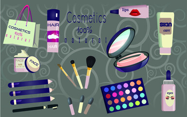 A set of natural cosmetics for face and hair.