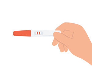 Pregnancy test with two red stripes in hand. Positive result. Checking pregnancy test. Flat vector illustration on white background