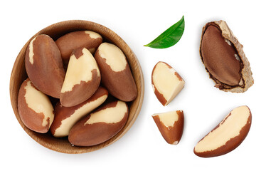 Brasil nuts isolated on white background with clipping path and full depth of field. Top view with copy space for your text. Flat lay