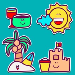 kawaii doodle beach cartoon designs  for coloring, backgrounds, stickers, logos, icons and more