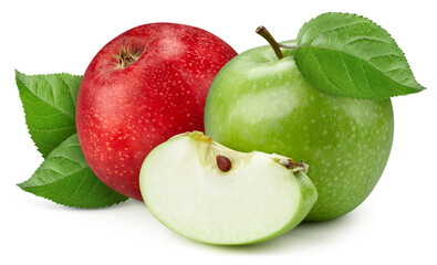 Green and red apples with leaves