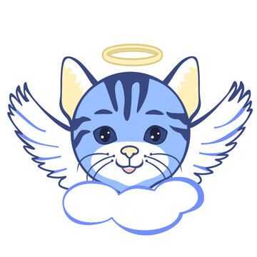 emoji with holy angel or cupid cat with halo above its head & wings on its back, simple hand drawn emoticon, simplistic colorful picture, vector clip art