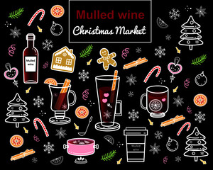 Christmas mulled wine and spices illustration set. Big elements collection of symbols and icons. Outline  Suitable for wallpaper, background, labels, logo, icons.