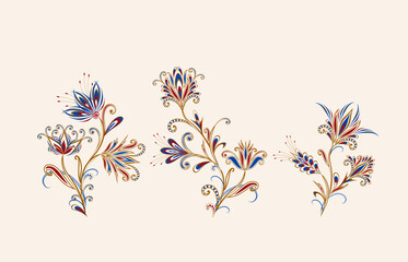 Bouquet of fantastic flowers. Background in ethnic traditional style. Abstract vintage pattern with decorative flowers, leaves and Paisley pattern in Oriental style.
