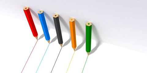 Colorful (Red, blue, black, orange and green) Pen or pencils, lines and shadows. 3D rendering.