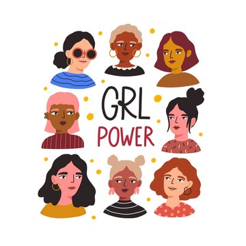Card with beautiful women of different ages, skin color, hairstyles, face types. Postcard with feminist GRL Power quote and diverse female characters portraits. Flat vector cartoon illustration.