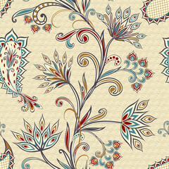 Abstract vintage pattern with decorative flowers, leaves and Paisley pattern in Oriental style. - 390327074