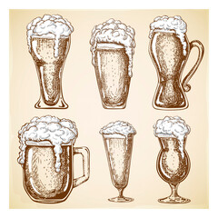 hand drawn full beer glasses with dropping froth. beer mugs illustration in vintage style isolated on grunge background. various types of beer pints. Great for poster, pub, label, menu design.
