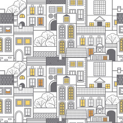 Town with small old houses. Vector seamless pattern. Wallpaper.