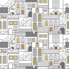 Town with small old houses. Vector seamless pattern. Wallpaper.