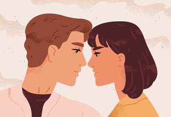 Cute portrait of romantic heterosexual couple. Young man and woman in love looking at each other. Scene of tenderness and passion in relationship. Flat vector cartoon illustration