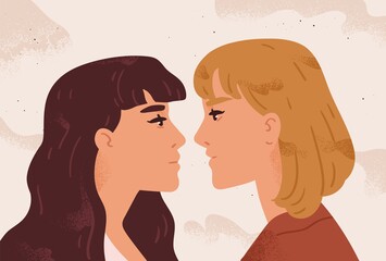 Young homosexual women in love looking at each other. Portrait of cute romantic lesbian couple. Concept of passion and romance in relationship. Flat vector cartoon textured illustration