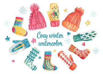 Watercolor set with cozy winter knitted clothes. Colorful cute hats, mittens, socks decorated with patterns. Hand painted illustration isolated on white. Great for  winter cards, posters design.