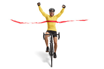 Male cyclist finishing a race and gesturing happiness