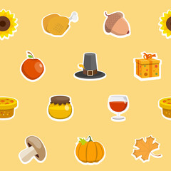 Thanksgiving day - Vector color background (seamless pattern) of pumpkin, turkey, apple, pie, hat, wine and honey for graphic design
