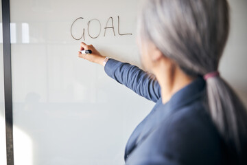 Businesswoman writing on whiteboard with marker pen