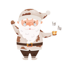 Obraz premium Cute cartoon Santa Claus character with a small gift box, wearing the costume with cow pattern. For Chinese New year of the zodiac ox cow year. Vector illustration.