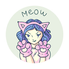 Anime manga kitty girl say meow sticker on white background