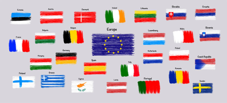 All EU flags. Brush strokes painted flags, grunge flags, vector illustration.