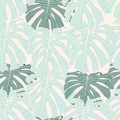 Floral seamless pattern, green, mint tropical monstera leaves on light background, vintage theme.