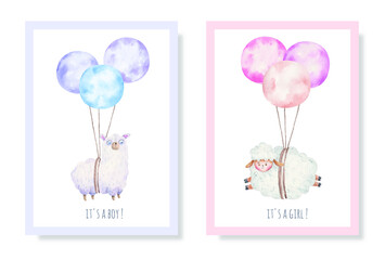 cute cards, baby shower, it's a boy and it's a girl, childish design with llama and sheep on balloons, watercolor illustration