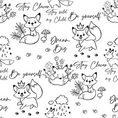 Doodle sketch fox seamless pattern. Line vector illustration.