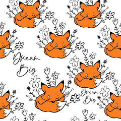 Dream big fox seamless pattern for nursery. Doodle cartoon vector illustration.