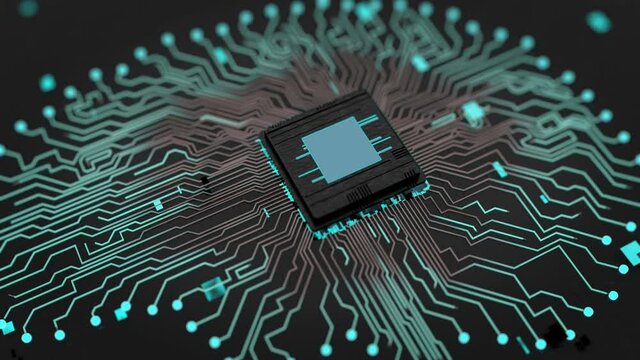 Artificial intelligence concept, electronic brain powered by processor. Integrated circuits come to life after an electric beam passes through them, an impulse.