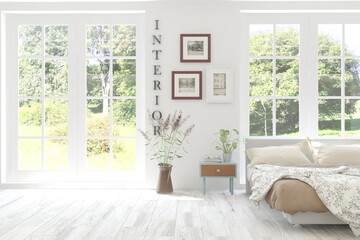 White stylish minimalist bedroom with summer landscape in window. Scandinavian interior design. 3D illustration