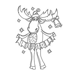 Holiday coloring book moose. Christmas and New year. Outline. Isolated background. Vector.
