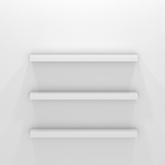 Three empty shelves on the wall. White mock ups. 3d rendering illustration.