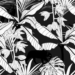 Palm bananas, orchid flower and pantera animal illustration. Black white line seamless pattern.  © Виктор Фесюк