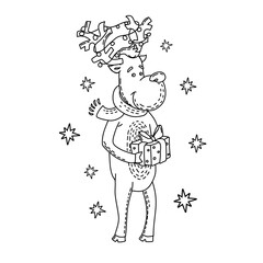 Deer with a gift box. Coloring book. Christmas and new year. Vector.