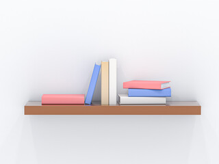Books. Colored book mock ups on wooden shelf. 3d rendering illustration