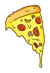 Cartoon pizza slice with melted cheese isolated on white