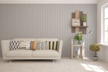 White living room with sofa. Scandinavian interior design. 3D illustration