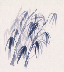 Watercolor painting with asian bamboo trees with leaves. Hand drawn peaceful oriental landscape illustration in Chinese Ink technique. Concept for relaxation, restore, calm meditation background.
