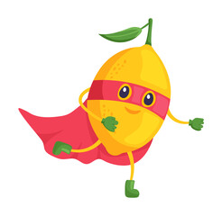 Funny lemon superhero running isolated on white background