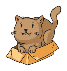Cute cat. Funny playful comic cat hiding sitting inside cardboard box isolated on white background. Cute feline happiness vector illustration