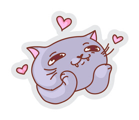 Cat in love emoticon. Cute smiley cat mascot looking with love showing romantic feeling in shape of hart isolated sticker on white background. Vector kitten emoticon illustration