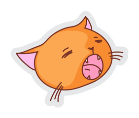 Yawning cat. Vector funny cat with fanged mouth opened meowing loudly or yawning isolated sticker illustration on white background
