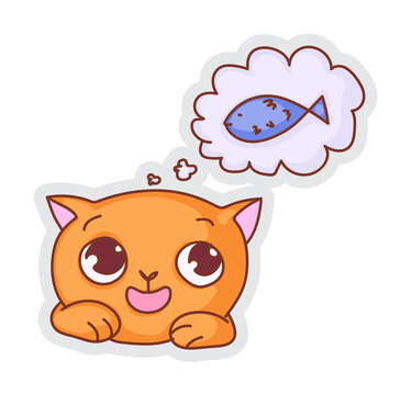 Cat dreaming sticker. Cute funny cat thinking about meal dreaming of fish isolated on white background. Hunger hope, wish and thought sticker vector illustration