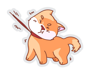 Dog refuse. Cute puppy dog on leash refuse to go for walk isolated on white background. Vector disobedience, disagreement and resistance illustration