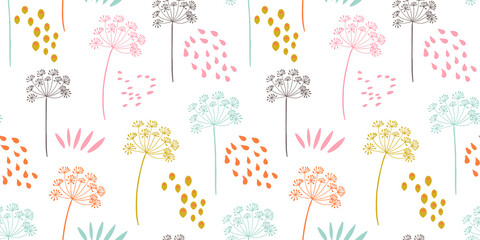 Vector organic floral seamless abstract background, botanical motif, freehand doodles pattern. Fennel flowers in pastel colors.