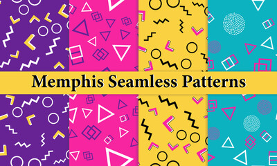 Set of Memphis Seamless Pattern. Fun Background. Pink, Blue, Yellow Colors. Memphis Style Patterns. Vector Illustration.