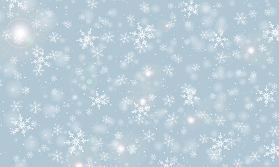 Naklejka na ściany i meble Falling Snow. Vector Illustration. White Snowflakes. Winter Blue Sky. Christmas Texture. Snow Fall Background.
