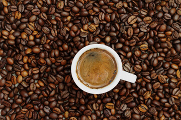 A cup of coffee among selected and calibrated Arabica coffee beans scattered on a napkin, table, blended, top view