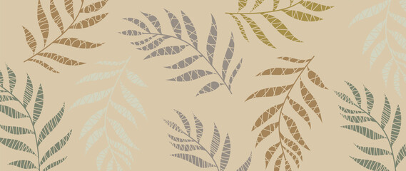 Luxury Golden leaf art deco wallpaper. Nature background vector. Floral pattern with tropical plant line art on mountain background. Vector illustration.