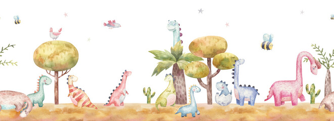 motif de bordure transparente avec des dinosaures dans la nature, arbres, cactus, illustration aquarelle pour enfants sur fond blanc